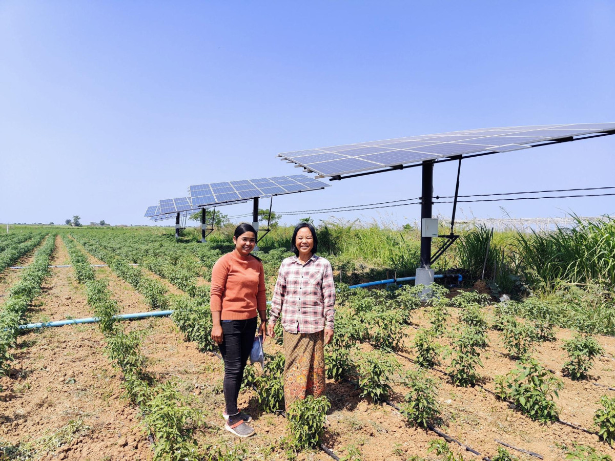 Chorn Channa and her friend stand in a chili pepper field that is watered using a large-scale solar water pump in Prek Norin community, Battambang province.