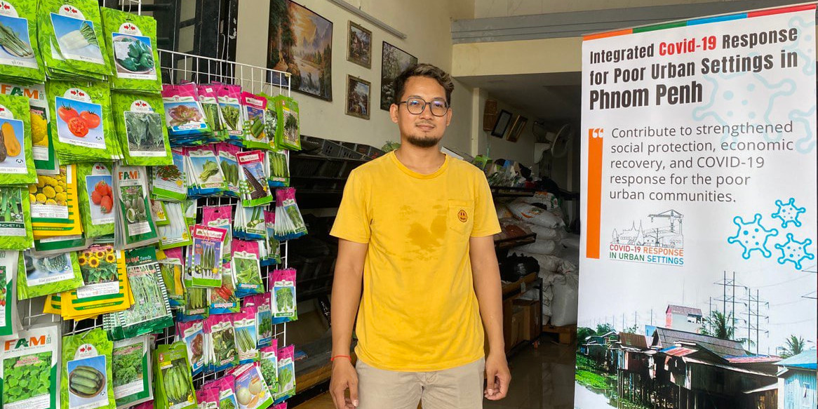 Vireak is at his fertilizer and agricultural equipment shop.