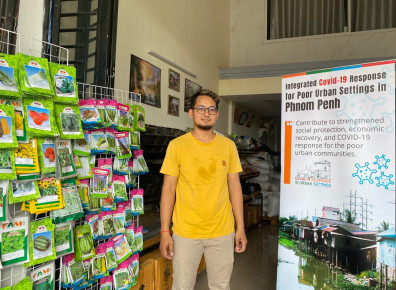 Vireak is at his fertilizer and agricultural equipment shop.
